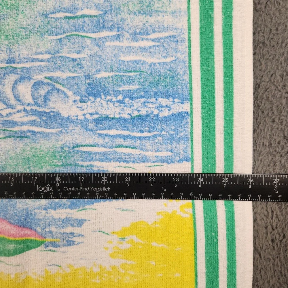 Vintage 90's Beach Towel Yellow Green Blue Sheep Surfing Retro Kitsch Summer